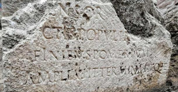 A closeup of the inscription on the rare pomerial boundary stone recently found in Rome, Italy. (Ara Pacis Museum)