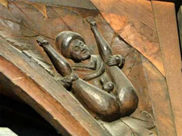 A closeup of the genitalia carving at Anglican All Saints’ Church in Hereford, England, which recently went viral on the internet. (updatechartuc)