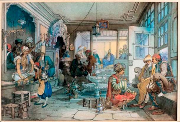 A coffeehouse in Constantinople, by Amedeo Preziosi. (Public domain)