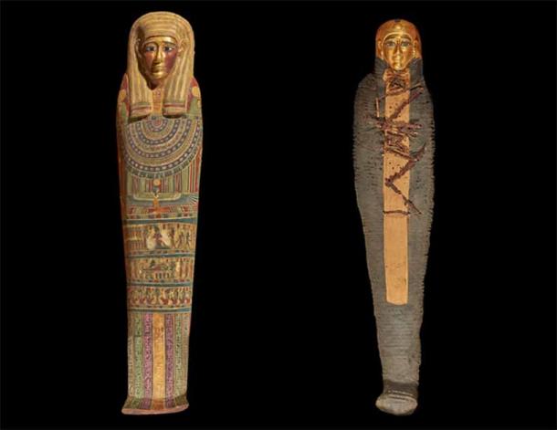 El ataúd exterior de la momia Golden Boy a la izquierda y el sarcófago interior de madera a la derecha, que muestra que el niño estaba envuelto en una guirnalda de helechos y llevaba una máscara facial dorada. (Saleem, Seddik y el-Halwagy / CC BY 4.0)