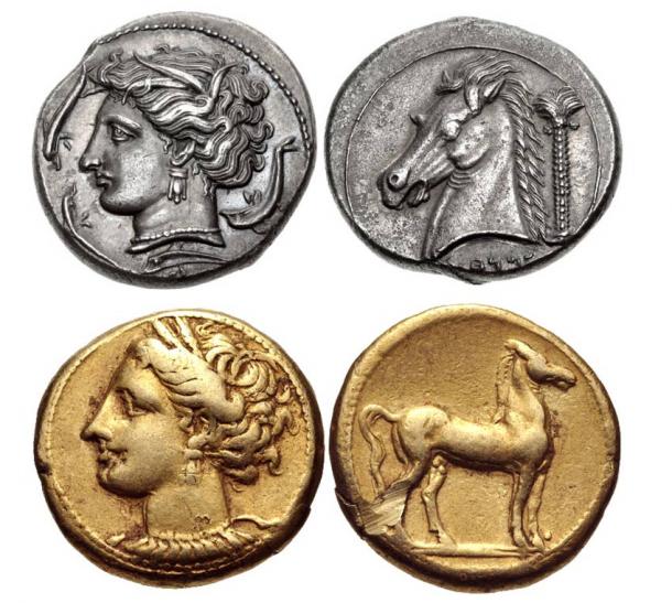 Carthaginian Coins with the symbol of a horse and a palm tree.