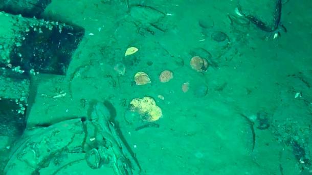 Some gold coins and artifacts visible on the ocean bed from the treasure laden San Jose wreck. (Presidency of the Republic of Colombia)