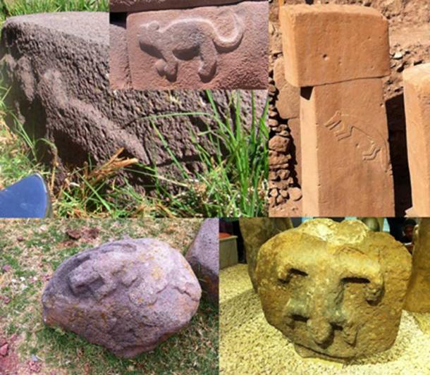 Top left: Sillustani, Peru. Top middle: Cutimbo, Peru.  Bottom left: Sillustani.  Top right: Pillar at Gobekli Tepe. Bottom right: The first artifact found at Gobekli Tepe, originally thought to be Byzantium.