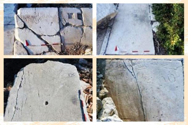 Este collage muestra las cuatro inscripciones omeyas descubiertas durante las excavaciones en la antigua ciudad de Knidos, Muğla, Turquía. (Fotos DHA editadas por Büşra Öztürk / DHA)