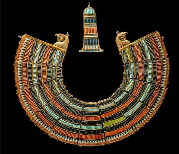 Collar of semi-precious stones with falcon-headed terminals found on the mummy of King Tutankhamun. Photographed at The Discovery of King Tut" exhibition in New York City. (Mary Harrsch / Flickr)