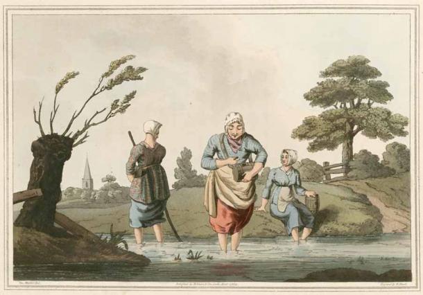 Leech collectors, like these medieval women catching them, were super important in the centuries where people believed leeches could literally suck the illness right out of you. This colored aquatint is from The Costume of Yorkshire by George Walker, published in 1814. (Robert Havell after George Walker / Public domain)