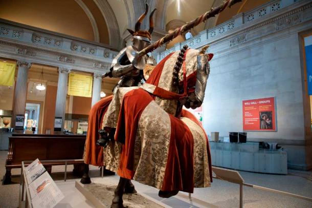This colorful equestrian figure is a faithful reconstruction of a German jouster of ca. 1500. The armor is a special type worn in Germany and Austria for the 
