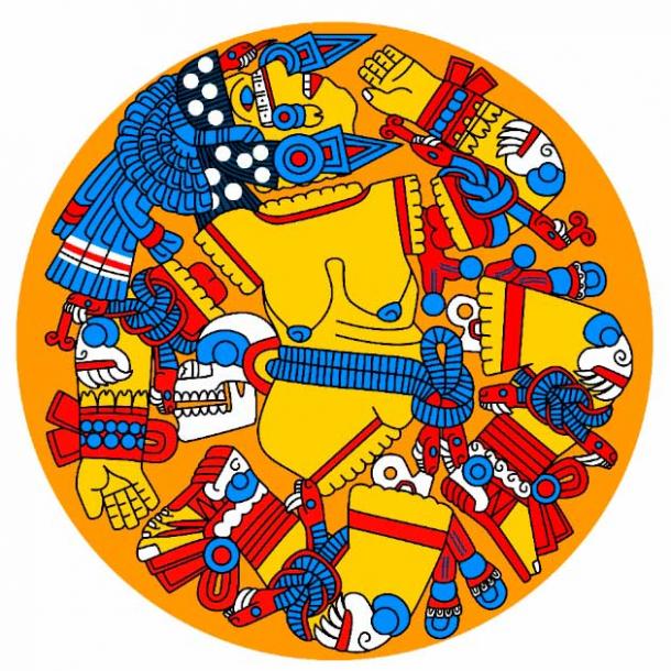 Una versión coloreada de un monolito masivo de Coyolxauhqui, hija y asesina de la diosa Coatlicue. (Gwendal Uguen / CC BY NC SA 2.0)