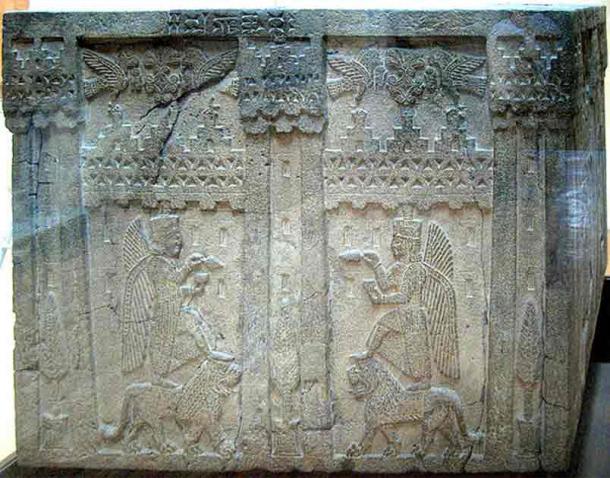 Column base: the god Khaldi stands on a lion, holding in his left hand a bowl and in his right hand a spearhead (or a plant) Reign of King Rusa II (685–645 BC); Urartu; Museum of Anatolian Civilizations, Ankara. (Public Domain)