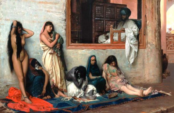 It was common for women to become forced into prostitution slavery. The Slave Market by Jean-Léon Gérôme, 1871 (Public Domain)