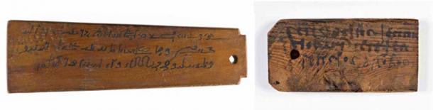Image comparison of two mummy labels. The label on the left (HO163) has a neat finish, while the label on the right (F1949/4.2) has traces of sawing. (International Journal of Wood Culture / CC BY 4.0)