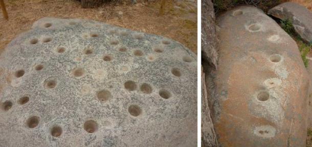 Izquierda: Una de las principales concentraciones de piedras cazoletas en el Valle del Encanto.  Estas manifestaciones prehispánicas son “espejos de agua” que corresponderían a patrones celestes/astrales.  Derecha: Otro conjunto de piedras con copas marcadas.  (Proporcionado por el autor)