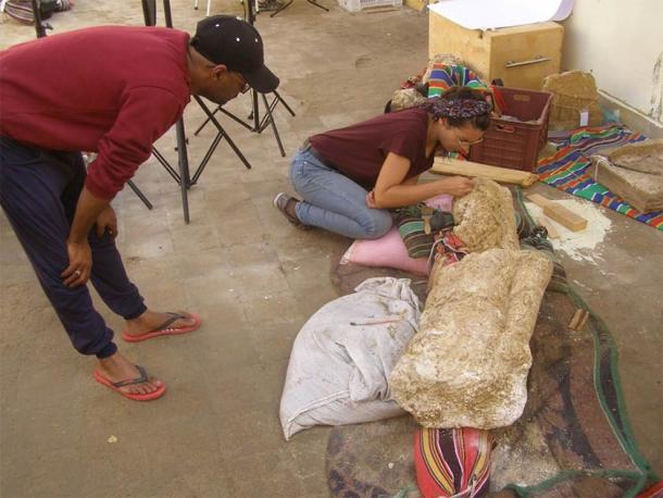Field conservation work on site of a statue identified as being Sebiumeker, god of procreation and fertility from Meroe in present-day Sudan. (I. Zych / AnchorPAP)