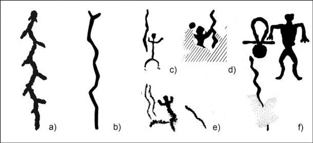 El nuevo estudio incluye una selección de arte rupestre contemporáneo de diferentes sitios que parecen representar humanos sosteniendo objetos con forma de serpiente. La hipótesis actual es que la figura de la serpiente podría ser el bastón de serpiente de un antiguo chamán. (A. Lahelma/ / Antiquity Publications Ltd)