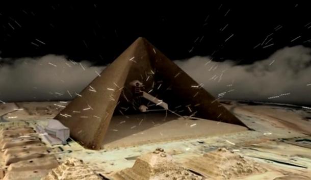 A depiction of cosmic particles passing through a pyramid.