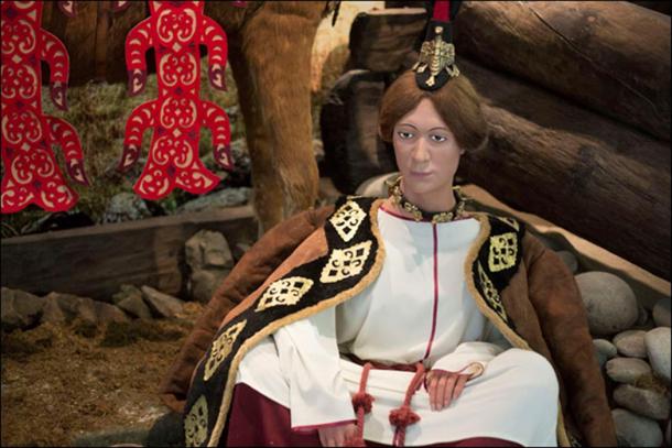 Reconstruction of Pazyryk woman's costume. Right, Pazyryk man's costume.