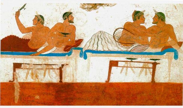 Male couples at a symposium, as depicted on a fresco in the Tomb of the Diver from the Greek colony of Paestum in Ital (Public Domain)