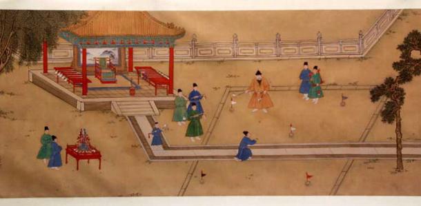 A court painting depicting Ming dynasty Emperor Xuande playing Chuiwan, but the Chuiwan golf ball seems to be out of bounds. (Shang Xi / Public domain)