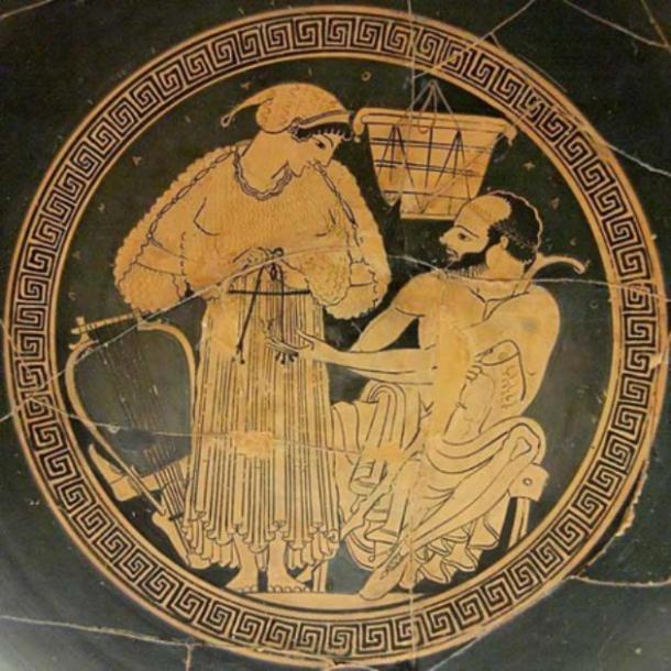 A courtesan ties up her himation (long garment) again while her middle-aged client watches. The lyre show her to be a musician called for a banquet. Interior from an Attic red-figured kylix, ca. 490. From Vulci. (Public Domain)