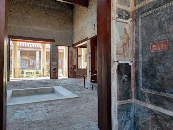 View of the courtyard from a small room by the kitchen, part of a brothel area, indicated by erotic art, shown here a fresco of Priapus. (Parco Archeologico di Pompei)