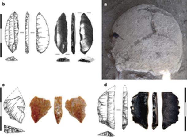 a. cranium as found in situ, with obsidian bladelet found embedded in the left parietal bone. b, Detail of obsidian bladelet, showing impact scar at the tip. c, d, Microliths found within the body.