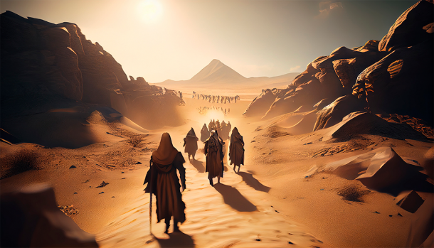 Moisés cruzando el desierto con los hebreos para escapar de los egipcios.  (Neirfy / Adobe Stock)