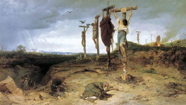 6,000 of Spartacus' followers were crucified between Rome and Capua. Painting by Fyodor Bronnikov, 1877. (Public domain)