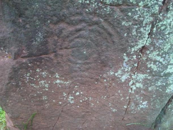Image of one of three “cup and ring” markings on the Long Meg Bronze Age standing stone.