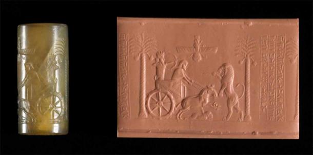 A cylinder seal of Darius I, depicting Ahura Mazda above his chariot (British Museum / CC BY NC SA 4.0)
