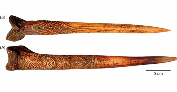 Bone daggers of the Sepik watershed, New Guinea. (a) Human bone dagger attributed to the Upper Sepik River. (b) Cassowary bone dagger attributed to the Abelam people. (Hood Museum of Art, Dartmouth College)
