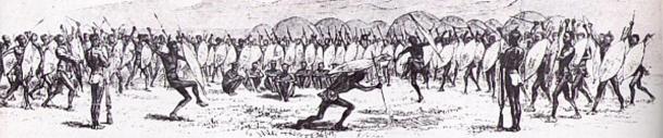 A muster and dance at Shaka’s kraal. (1827) To an extent Shaka continues to receive the traditional Zulu reverence towards a dead monarch, as in a praise song in which he has been called “Shaka the Unshakeable.”