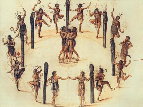 A watercolor painting by John White of natives dancing in North Carolina, 1585