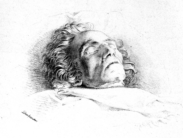 Beethoven en su lecho de muerte en 1827. (Dominio público)