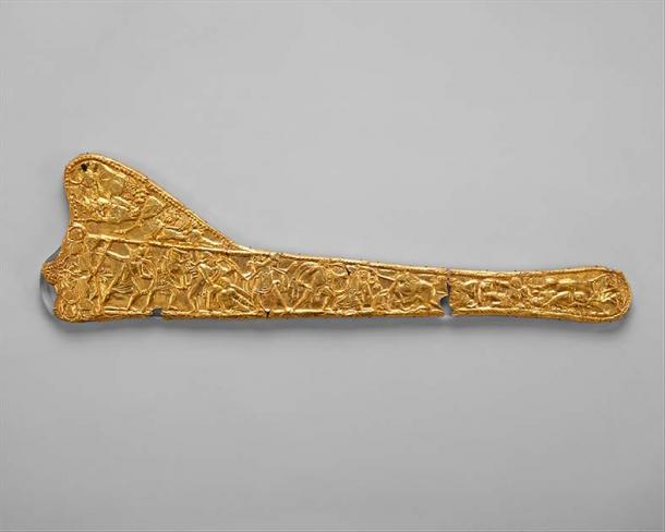 Sheet-gold decoration for a sword scabbard, believed to be Scythian gold and dated to circa 340 to 320 BC. (Public domain)