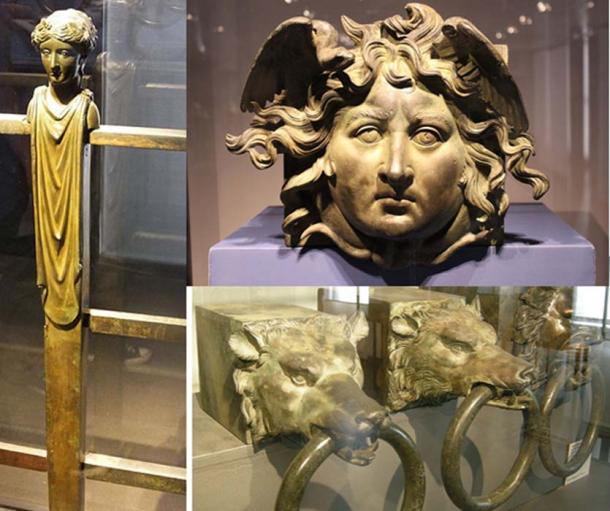 Some of the decorations from the Nemi ships: A bronze railing, a face, and brass rings recovered in 1895. These were fitted to the ends of cantilevered beams that supported each rowing position on the seconda nave.
