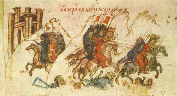 Khan Krum defeats the Byzantine Emperor Nicephorus I in the battle of the Varbitsa Pass, from the Manasses Chronicle. (Public domain)