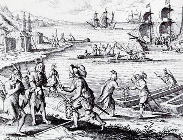 A fanciful depiction of John Guy's 1612 encounter with the Beothuk in Trinity Bay. From Theodor de Bry, ‘America (Historia Americæ sive Novi Orbis),’ pt. XIII, German, edited by Matthaeus Merian. (Frankfurt: Caspar Rðtel, 1628, 1634)