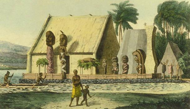 A depiction of a royal heiau (Hawaiian temple) at Tiritatéa Bay (now Kealakekua Bay). Illustration circa 1816. 