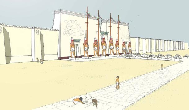 Artist's depiction of the white walls of the Great Temple of Ptah at Memphis. 