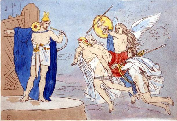 A depiction of valkyries encountering the god Heimdallr as they carry a dead man to Valhalla (1906) by Lorenz Frølich. 