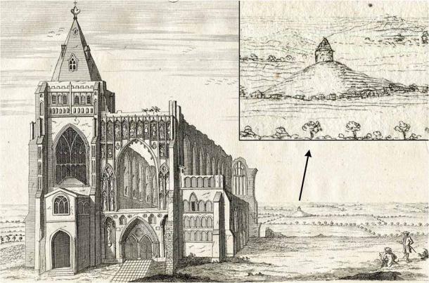Изображение аббатства Кроуленд XVIII века с небольшим зданием на территории Анкор-Черч-Филд на характерном кургане в форме кургана (Журнал полевой археологии)