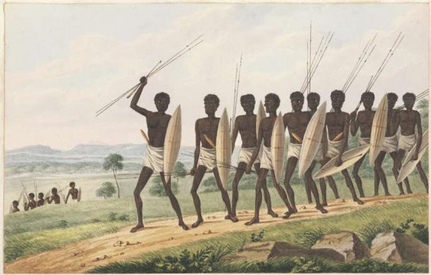 A depiction of the armed Aboriginal warriors that would have followed Pemulwuy into the Battle of Parramatta in 1797. (Museum Whisperings)