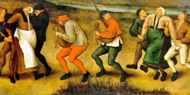 A depiction of dancing mania, which occurred on a pilgrimage to the church at Molenbeek, Belgium, by Pieter Brueghel the Younger (1564–1638). (Wikimedia Commons)