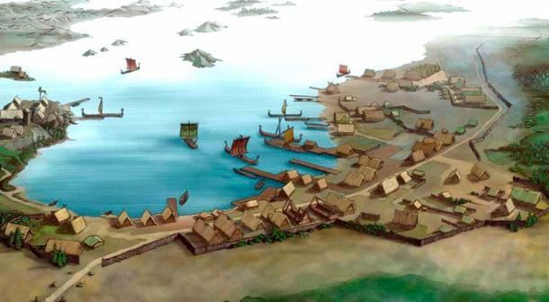 John Snow’s depiction of the important Viking trading town of Kaupang. (John Snow / The Slayer Rune)