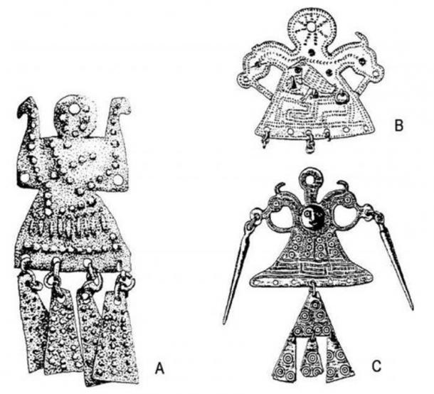 Tres representaciones de Pora Reitia, la diosa de la naturaleza de la cultura Venito, generalmente adorada en arboledas abiertas. (Casa de los secretos)