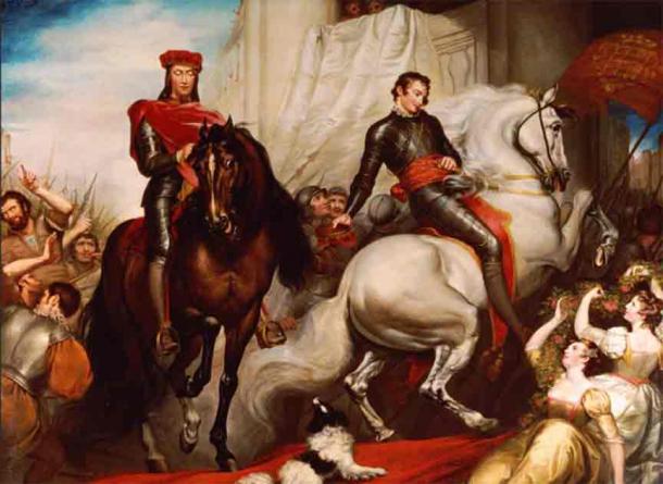 The painting depicts Henry IV of England (left) entering London with Richard II of England (right) as his captive. (Public Domain)
