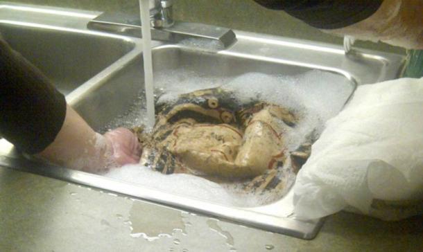 Researchers destroying a mummy mask to extract papyri in order to read the text. 