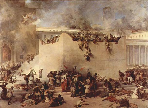The destruction of the Temple of Jerusalem by Hayez. In the year 70 AD, the Second Temple in Jerusalem was destroyed by the Roman army during the First Jewish-Roman War 