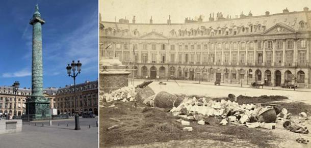 The destruction of the Vendome Column, Paris. 1871. (Left, Re-erected column,CC BY-SA 3.0, Right, destroyed Vendome in !*71,Public Domain)