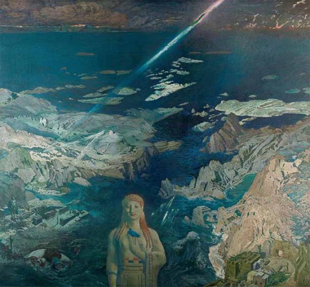 La distruzione di Atlantide descritta da Platone potrebbe essere stata il riflesso di una catastrofe mondiale.  Pittura Terror Antiquus di Leon Bakst, 1908 (dominio pubblico)